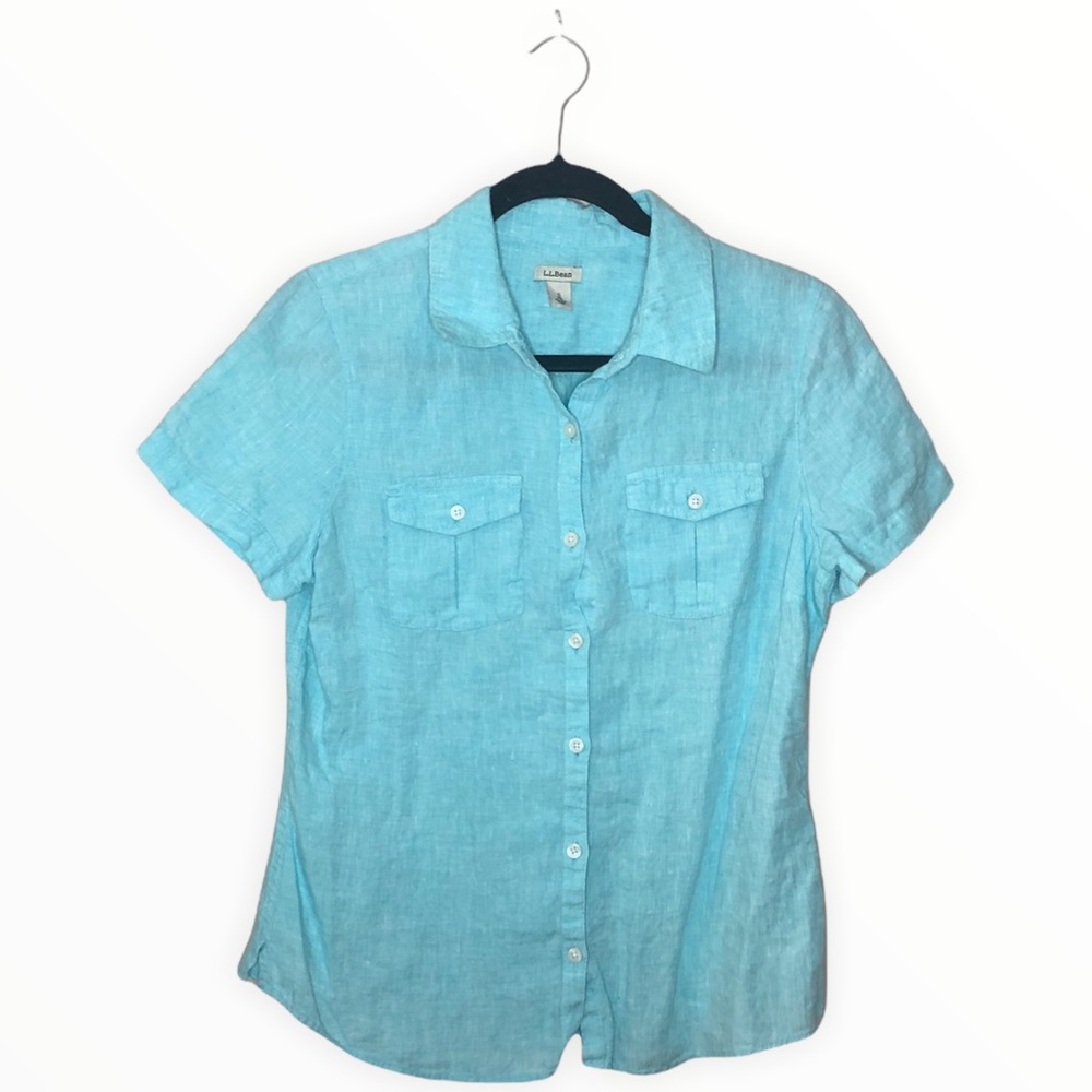 L.L. Bean Light Blue 100% Linen Short Sleeve Button-Down Shirt Size S